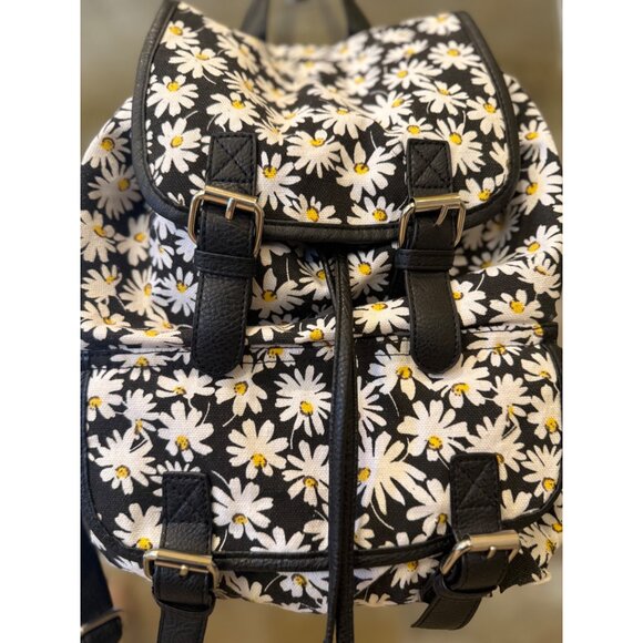 Daisy-Print Canvas & Faux Leather Backpack With Adjustable Straps & Buckle Closu - Picture 2 of 10
